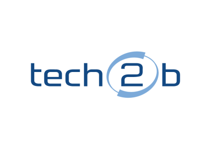 tech2b Logo von tech2b, blauer Schriftzug mit der Zahl 2 tech2b